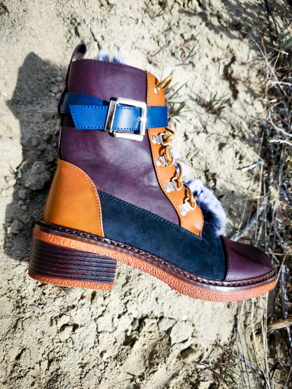Patrizia Multicolor Ankle Boots Faux Fur Trim Lace Up Buckle Combat Boots Size38